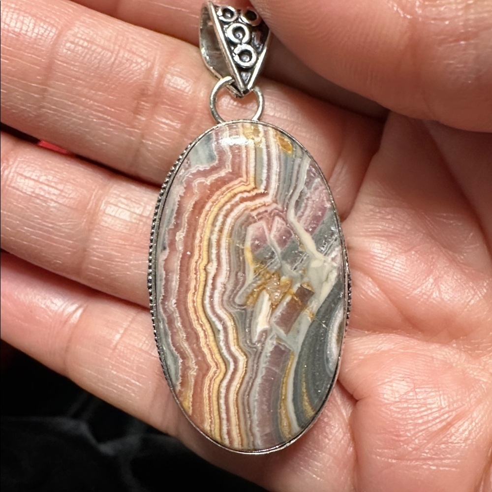 Artisan Multicolor Banded RHODOCHROSITE Oval Pendant Necklace - Women's Jewelry